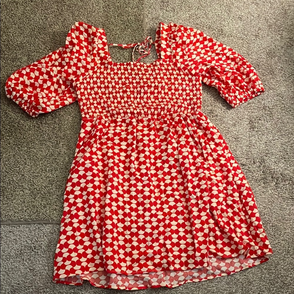 Ava & Viv Red Balloon Sleeve Tie Neck Dress